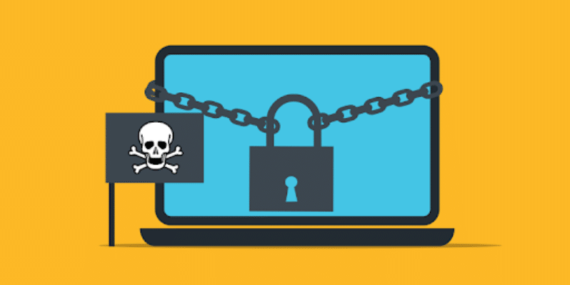 Computer illustration with a lock and chain. Skull flag to the left 